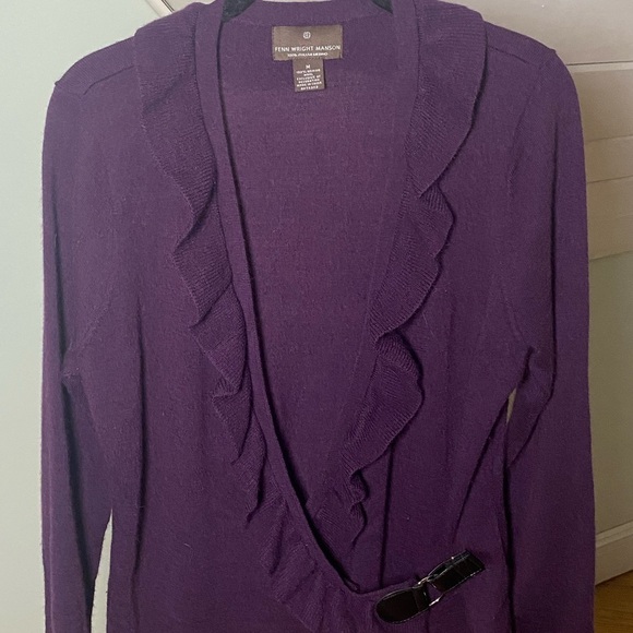Fenn Wright Manson 100% Merino Wool Cardigan Ruffles Belt Eggplant Purple - Picture 2 of 7